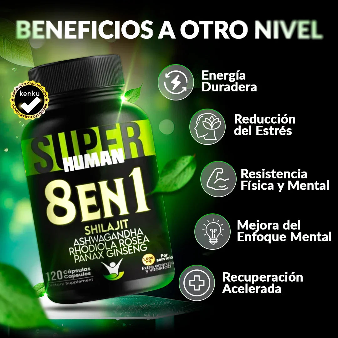 8 en 1 Ultra - Cápsulas de Shilajit Ashwagandha Rhodiola Rosea Panax y Ginseng (120 Cápsulas) SuperHuman™ PG